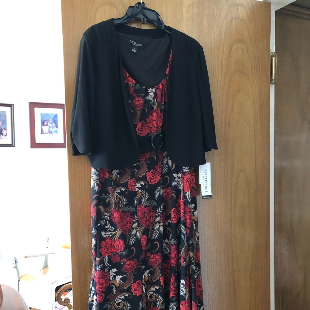 Women’s floral dress with black jacket